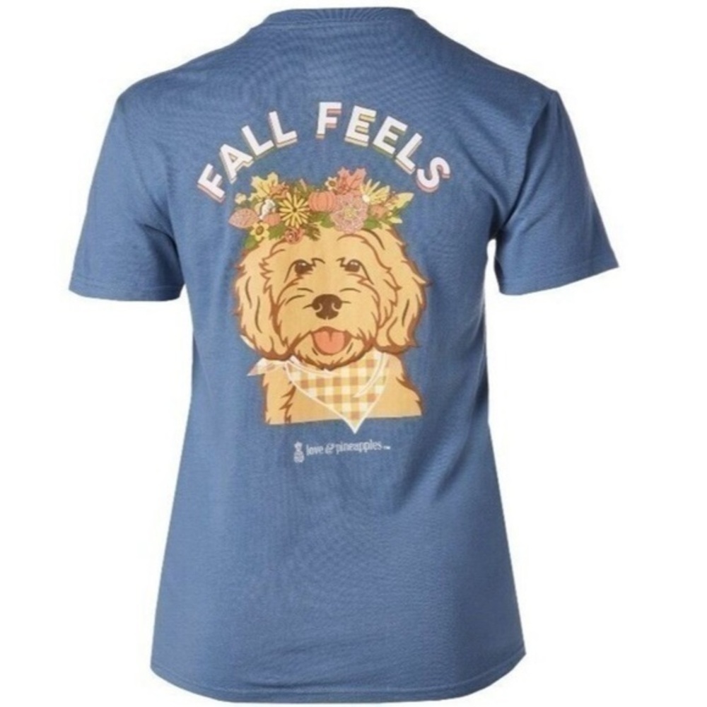 Love & Pineapples T-Shirt Fall Feels Dog Graphic Blue Short Sleeve Tee Shirt NWT